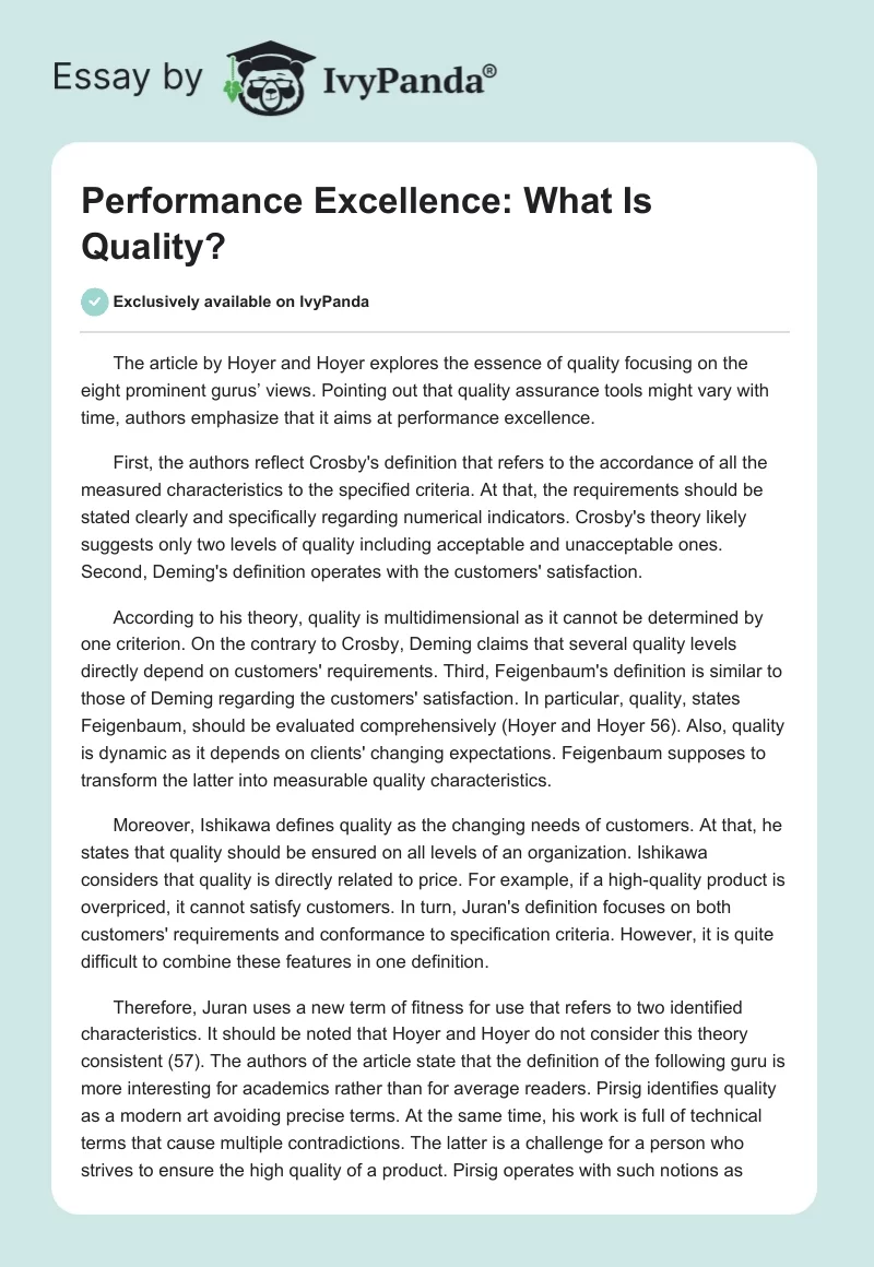 Performance Excellence: What Is Quality?. Page 1