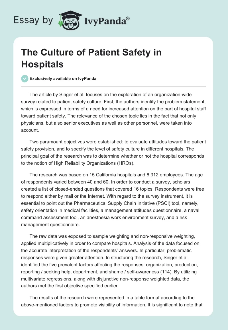 The Culture of Patient Safety in Hospitals. Page 1