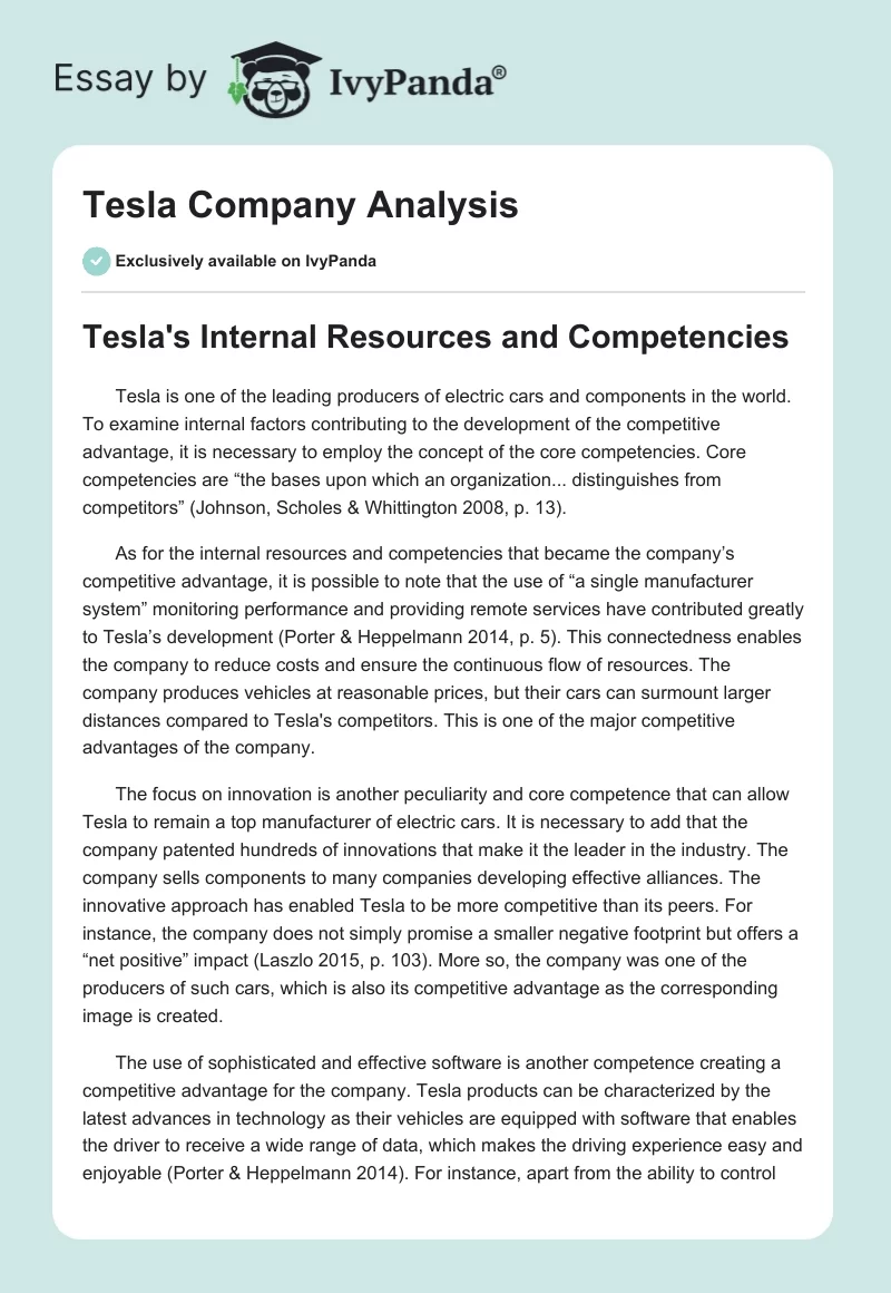 Tesla Company Analysis. Page 1