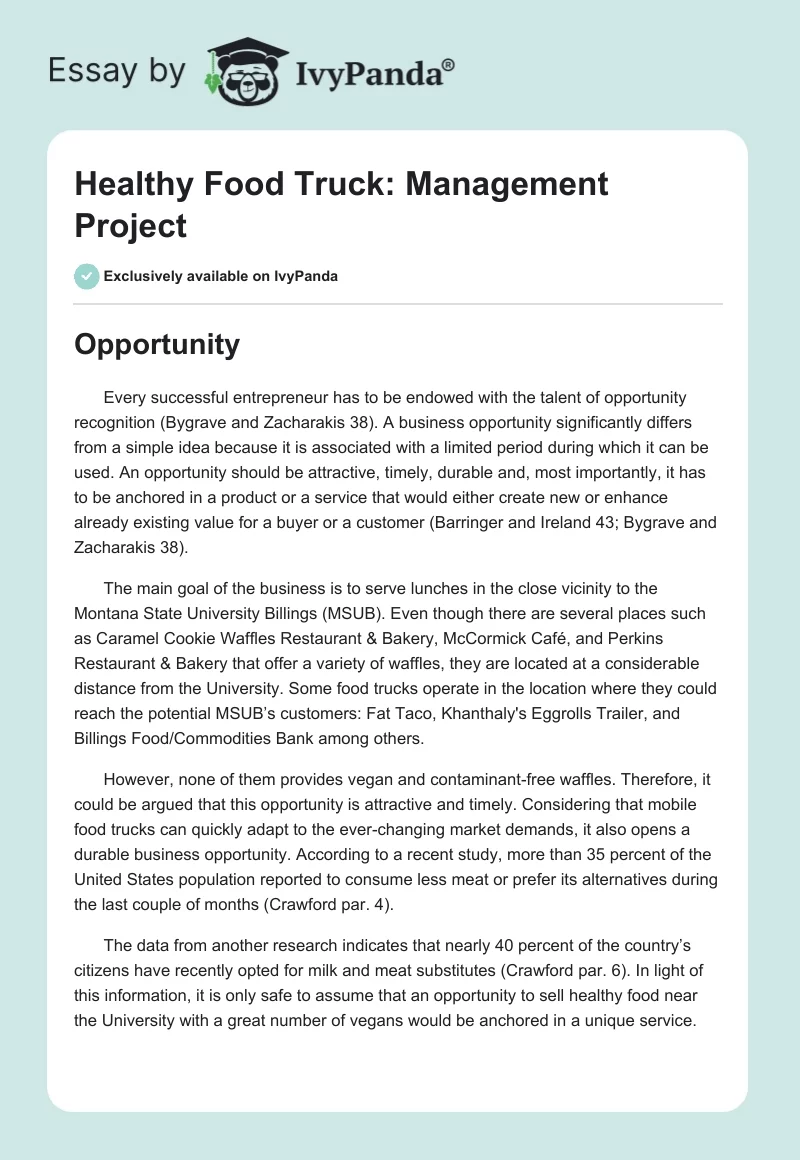 Healthy Food Truck: Management Project. Page 1