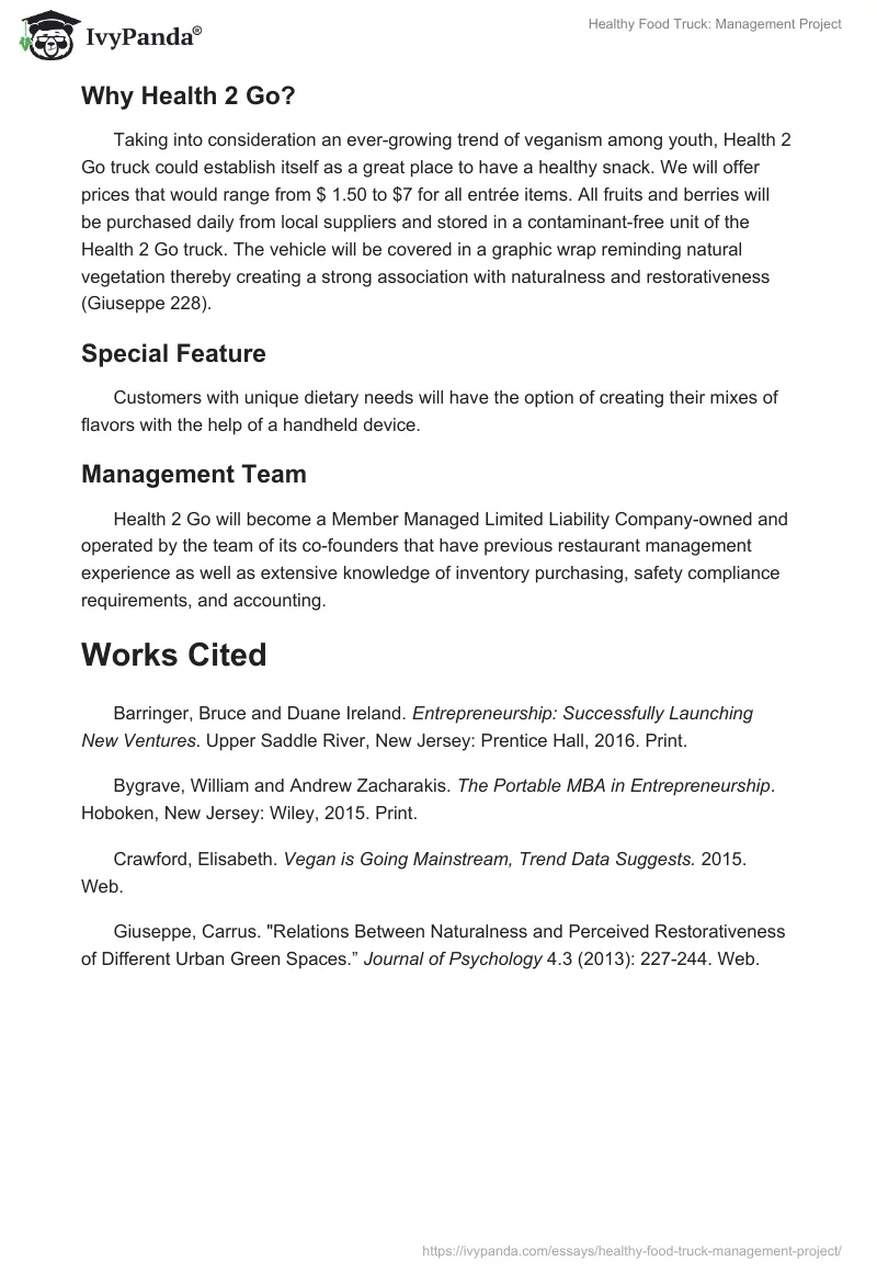 Healthy Food Truck: Management Project. Page 3
