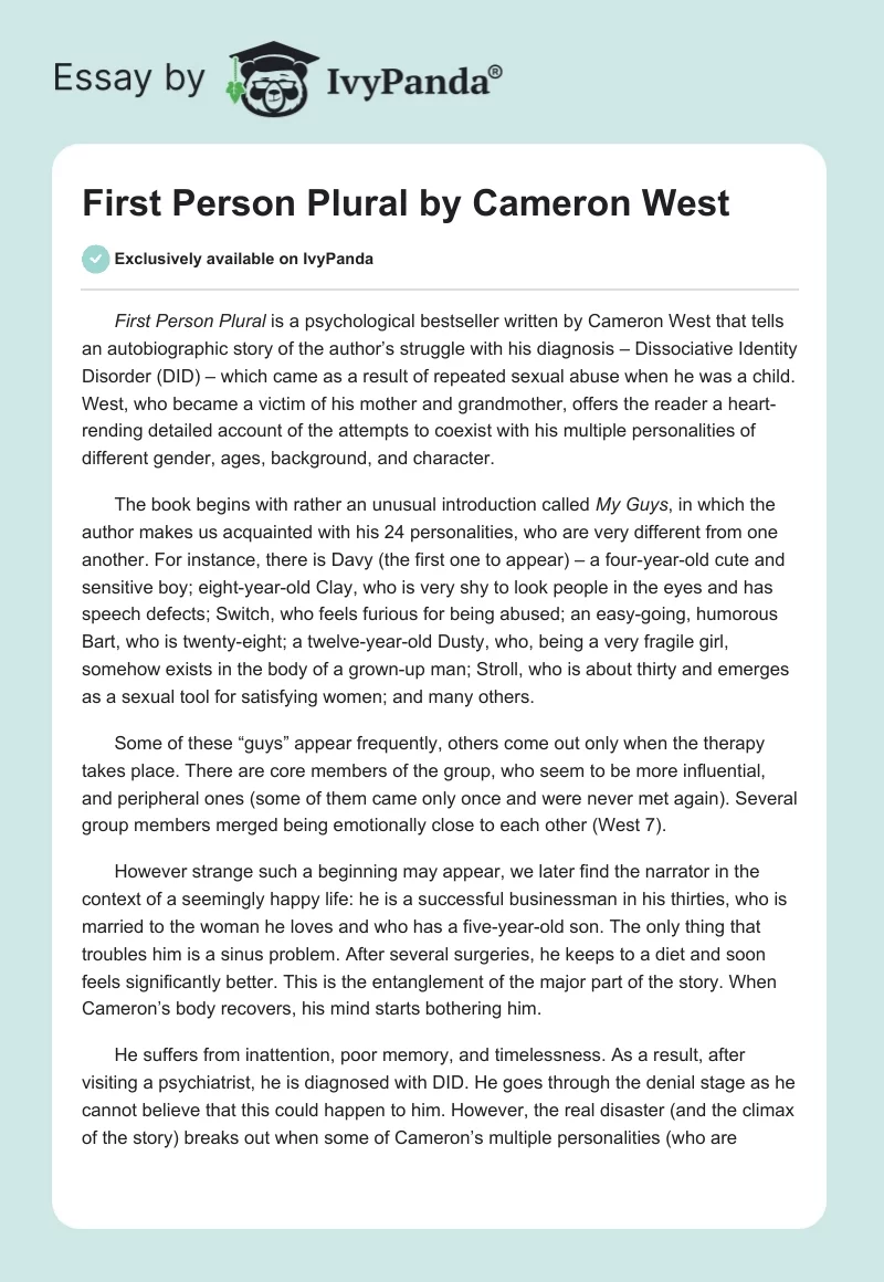 "First Person Plural" by Cameron West. Page 1