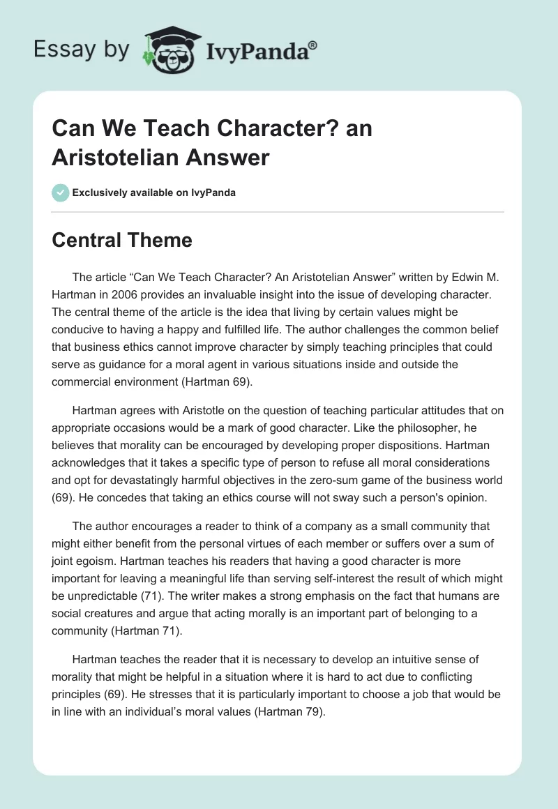 Can We Teach Character? an Aristotelian Answer. Page 1