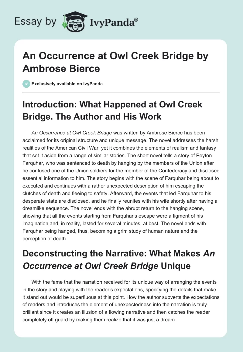 "An Occurrence at Owl Creek Bridge" by Ambrose Bierce. Page 1