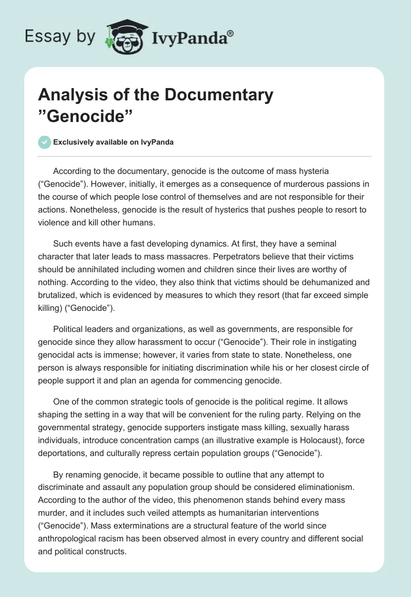 Analysis of the Documentary ”Genocide”. Page 1