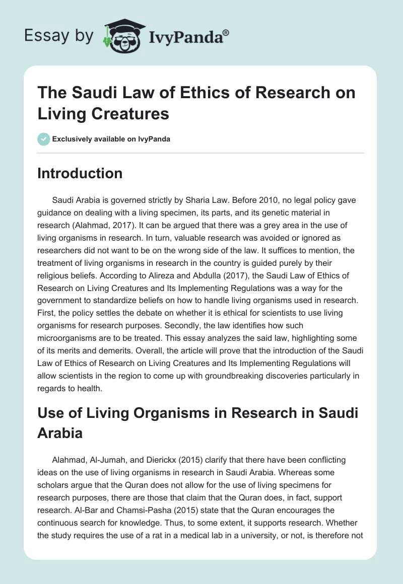 The Saudi Law of Ethics of Research on Living Creatures. Page 1