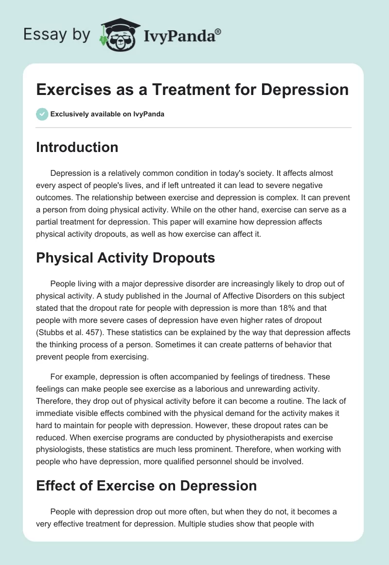 Exercises as a Treatment for Depression. Page 1