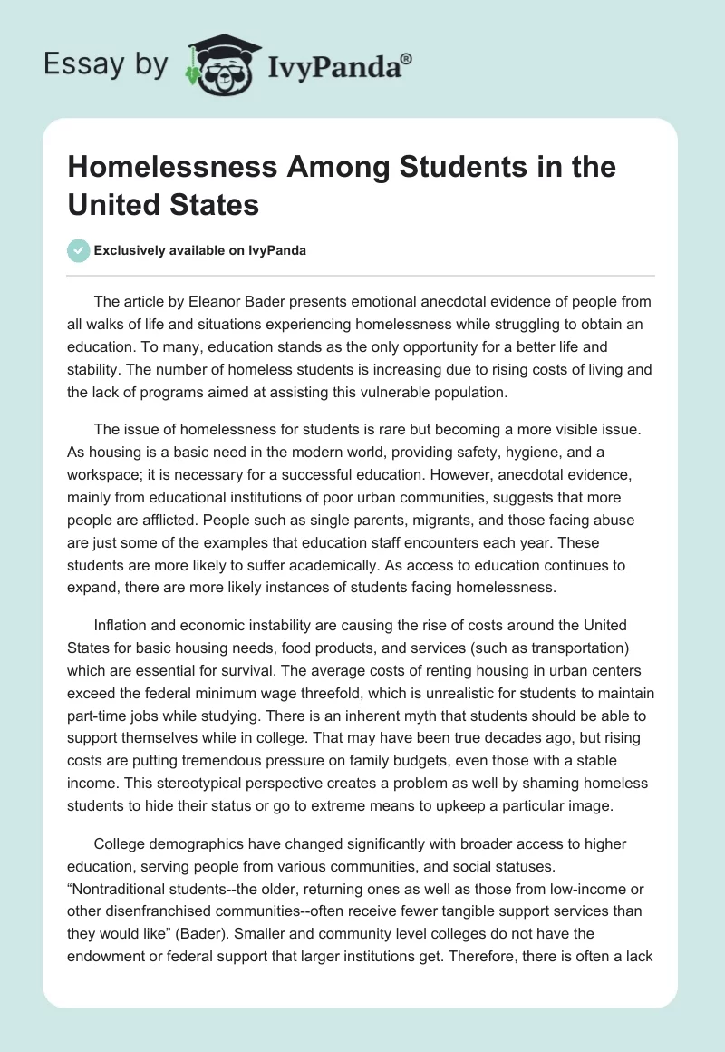 Homelessness Among Students in the United States. Page 1