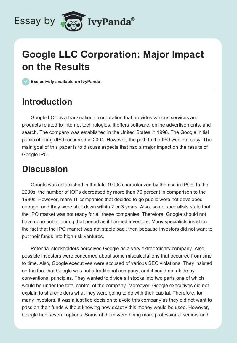 Google LLC Corporation: Major Impact on the Results. Page 1
