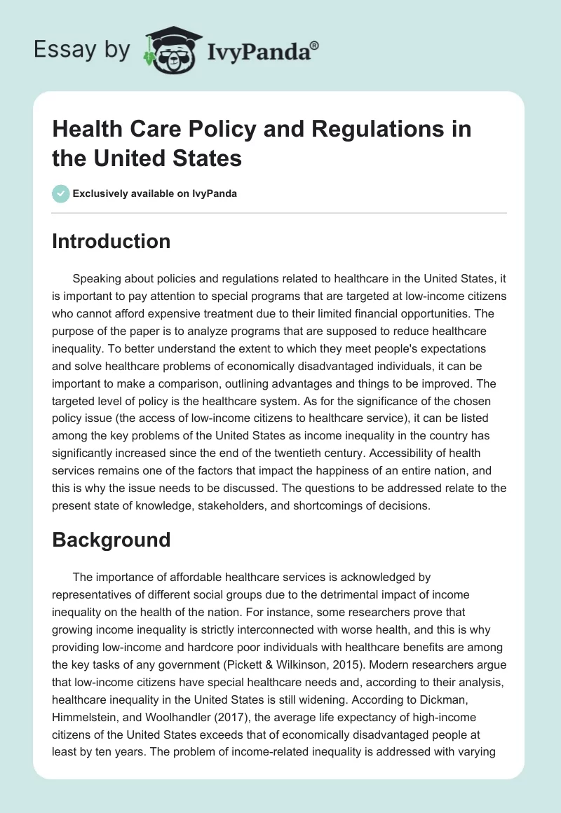 Health Care Policy and Regulations in the United States. Page 1
