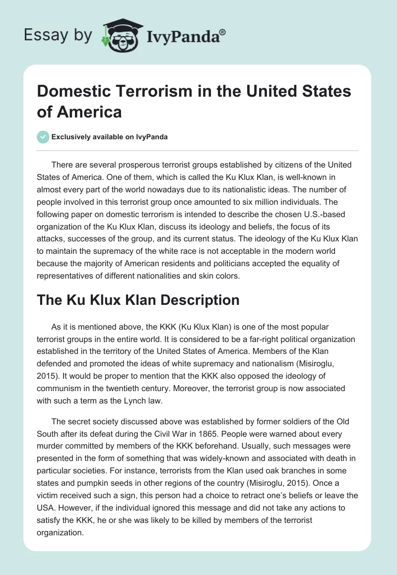 Domestic Terrorism in the United States of America. Page 1