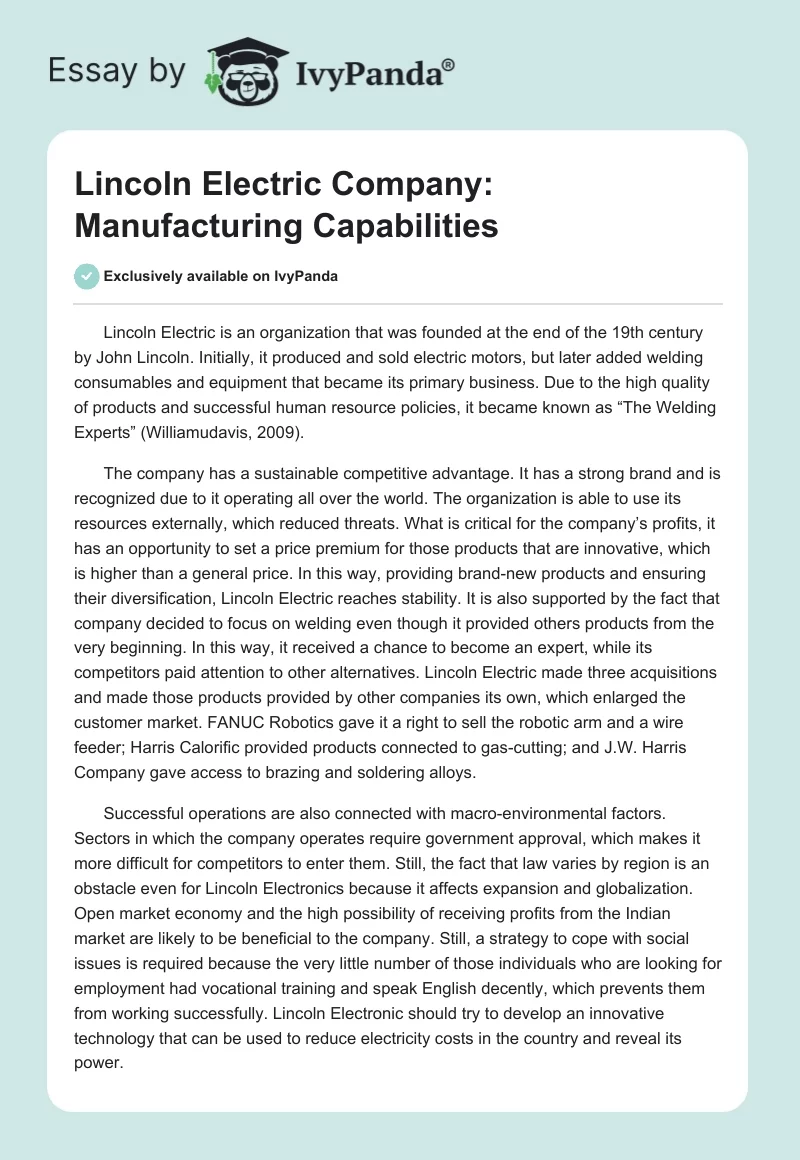 Lincoln Electric Company: Manufacturing Capabilities. Page 1