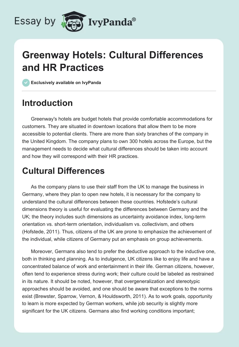 Greenway Hotels: Cultural Differences and HR Practices. Page 1