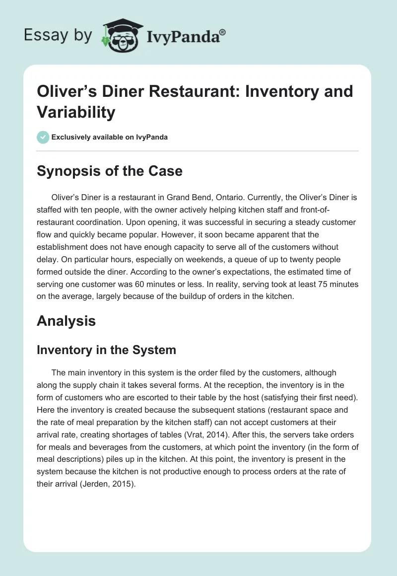 Oliver’s Diner Restaurant: Inventory and Variability. Page 1