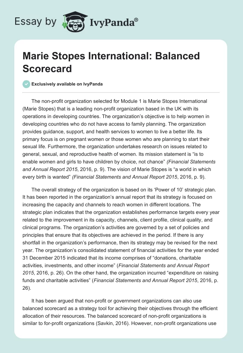 Marie Stopes International: Balanced Scorecard. Page 1