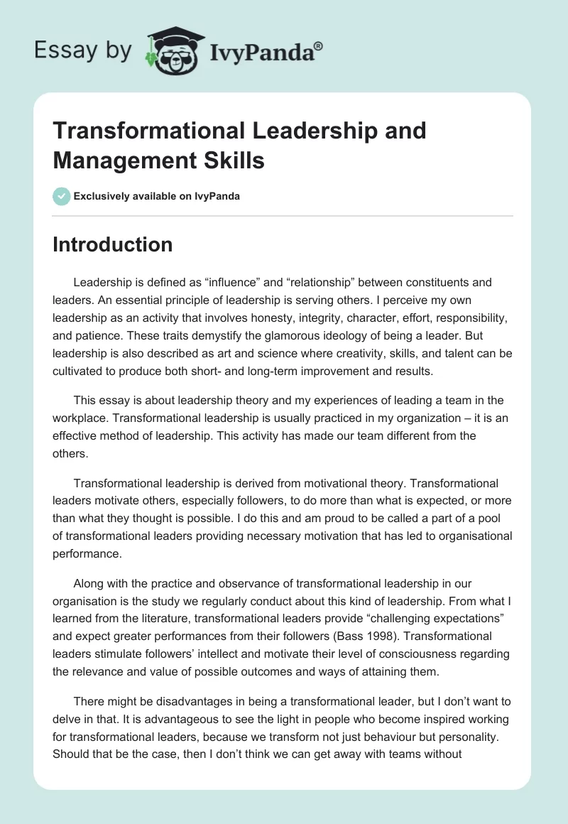 Transformational Leadership and Management Skills. Page 1