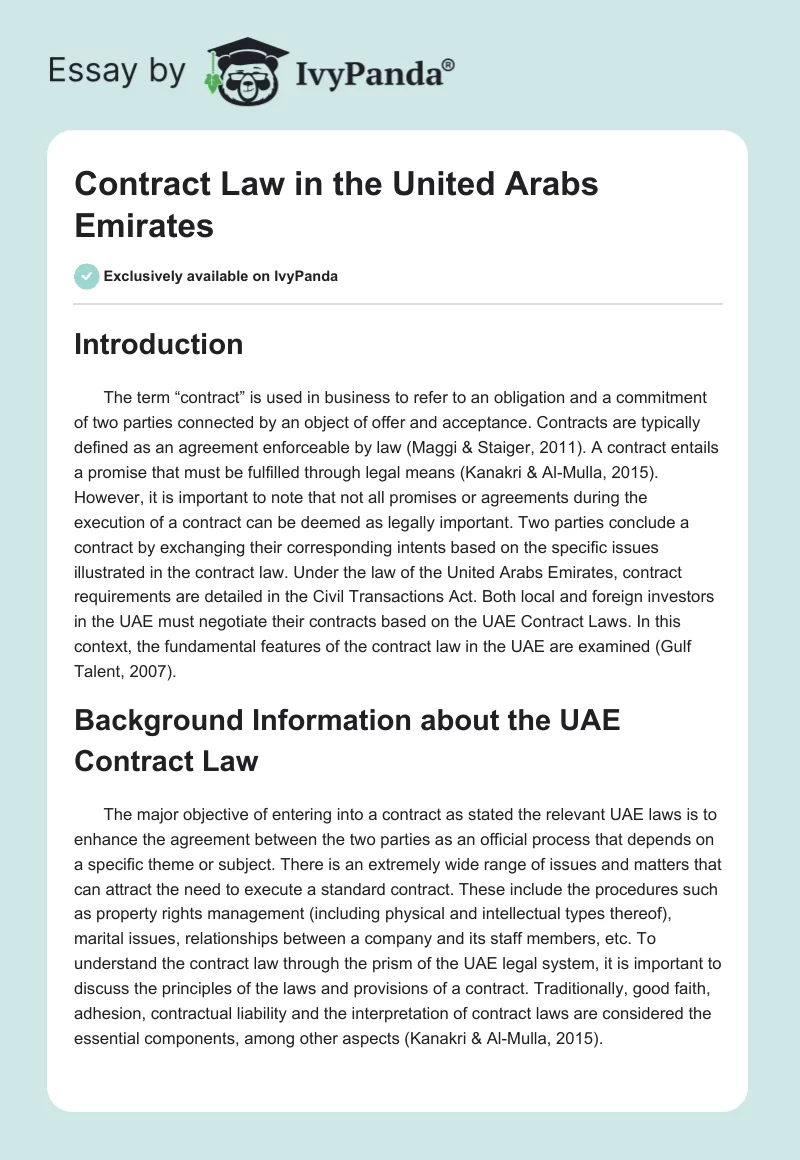 Contract Law in the United Arabs Emirates. Page 1