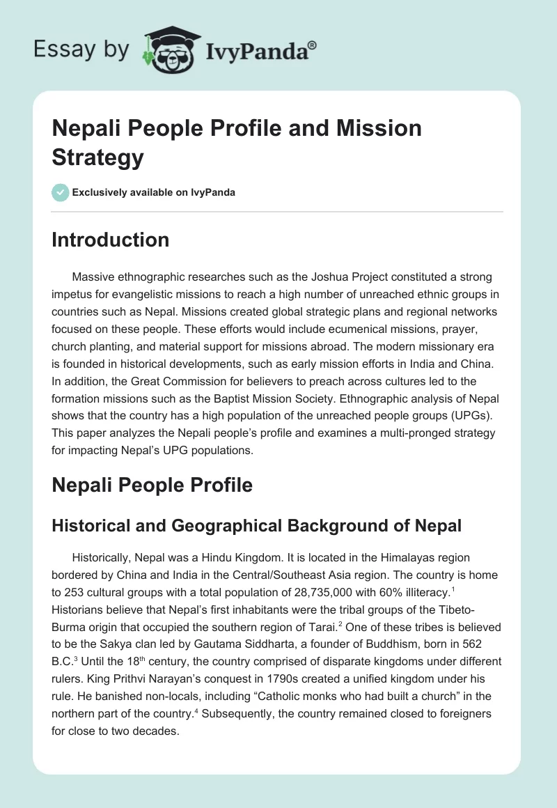 Nepali People Profile and Mission Strategy. Page 1