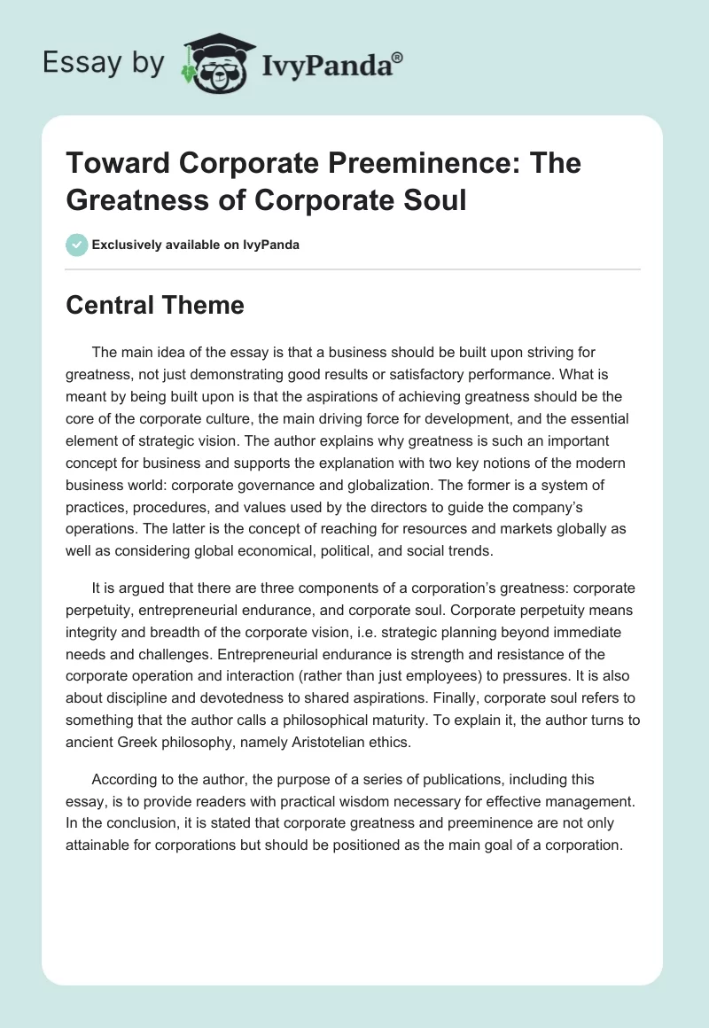 Toward Corporate Preeminence: The Greatness of Corporate Soul. Page 1
