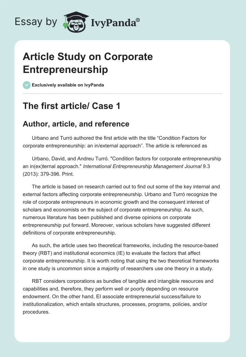 Article Study on Corporate Entrepreneurship. Page 1