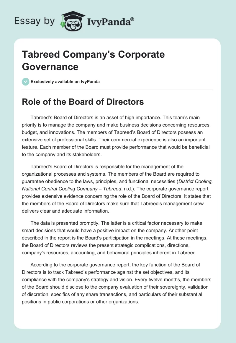 Tabreed Company's Corporate Governance. Page 1