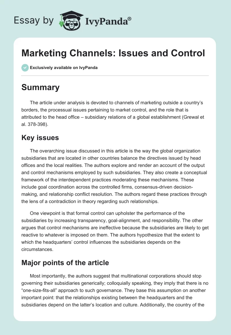 Marketing Channels: Issues and Control. Page 1