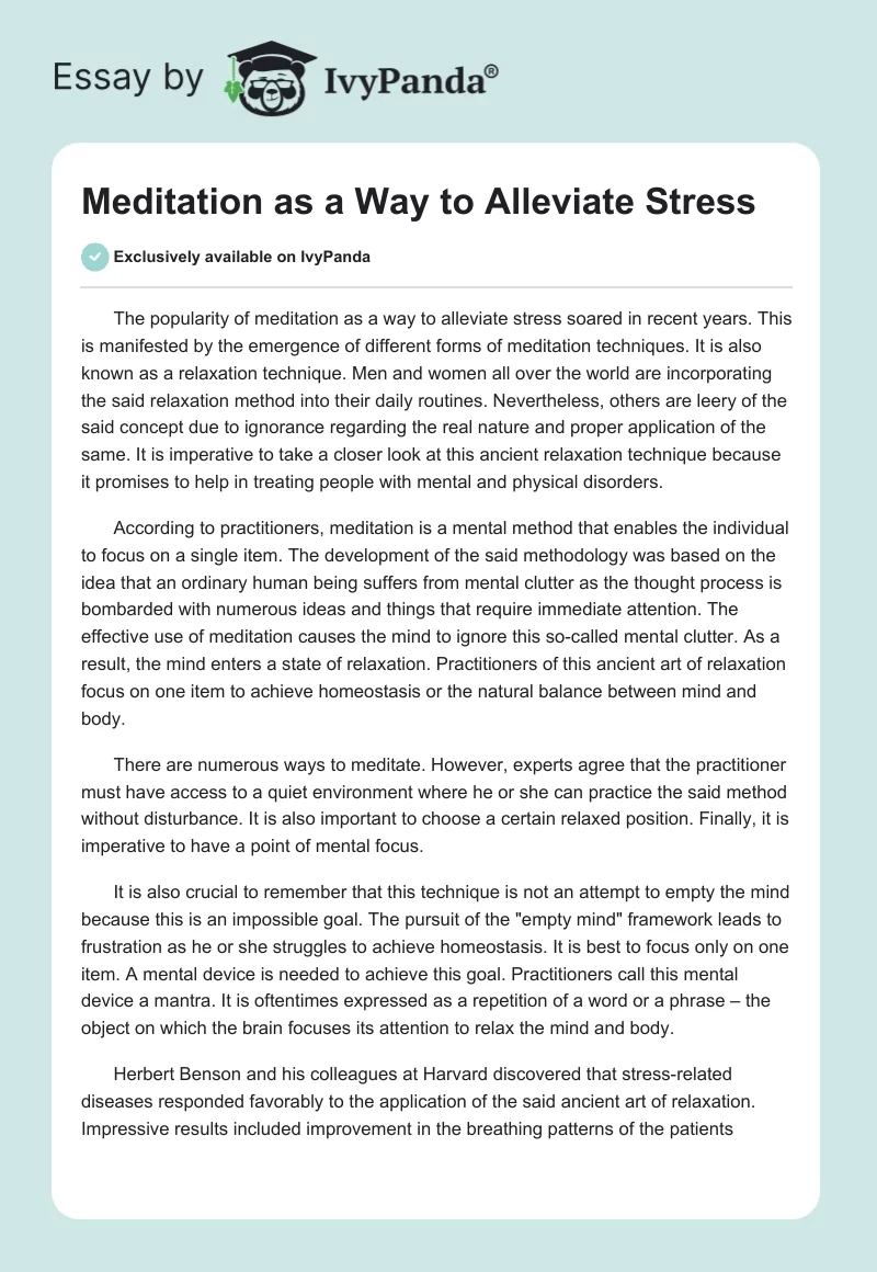 Meditation as a Way to Alleviate Stress. Page 1