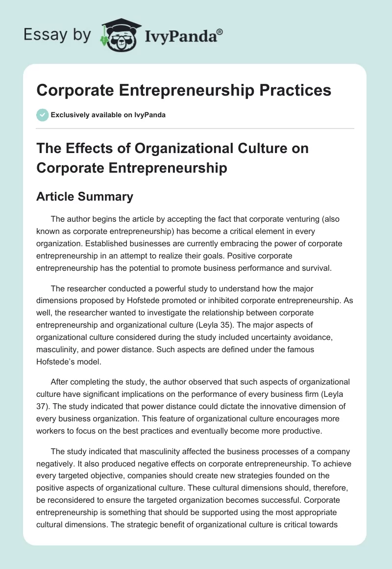 Corporate Entrepreneurship Practices. Page 1