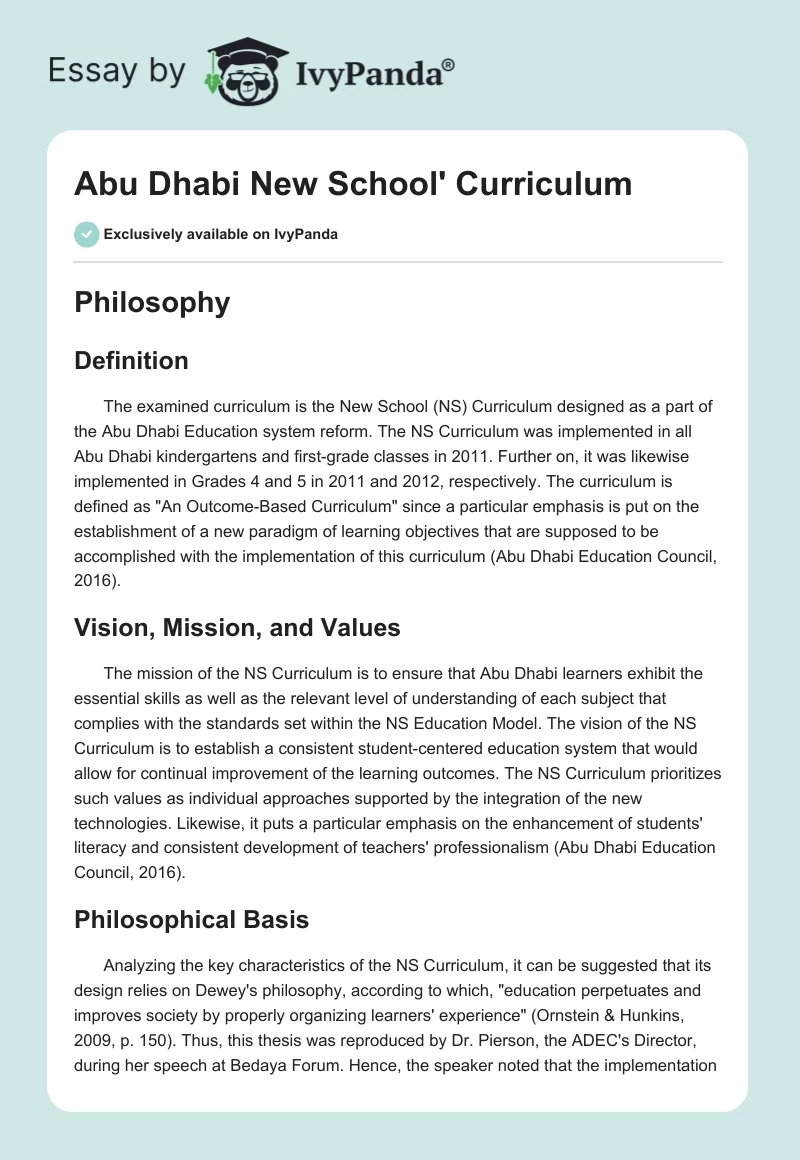 Abu Dhabi New School' Curriculum. Page 1