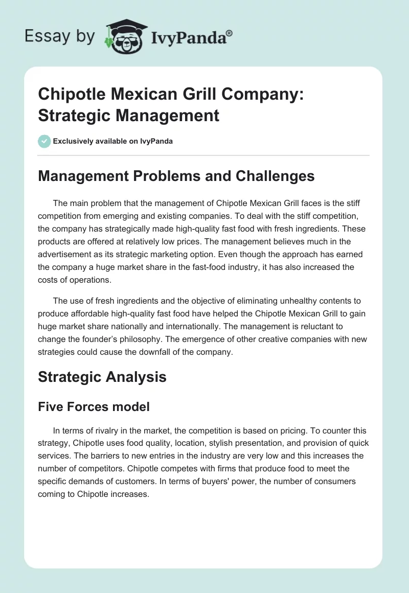 Chipotle Mexican Grill Company: Strategic Management. Page 1