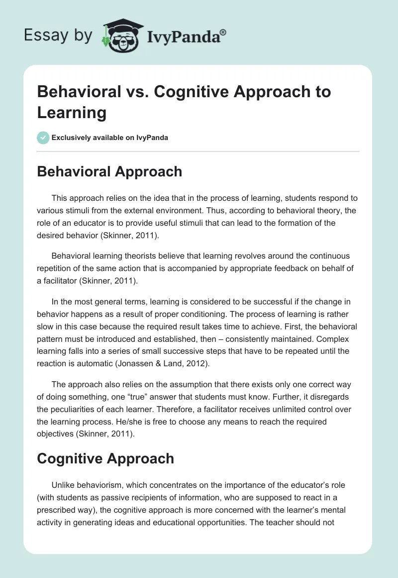 Behavioral vs. Cognitive Approach to Learning. Page 1