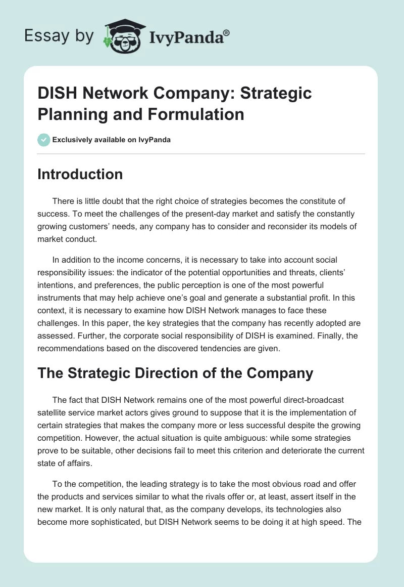 DISH Network Company: Strategic Planning and Formulation. Page 1