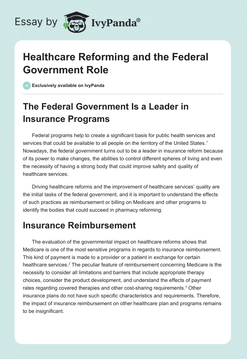 Healthcare Reforming and the Federal Government Role. Page 1