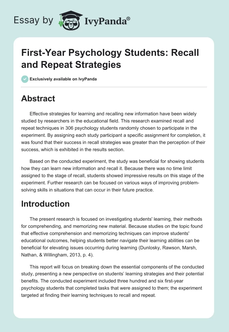 First-Year Psychology Students: Recall and Repeat Strategies. Page 1