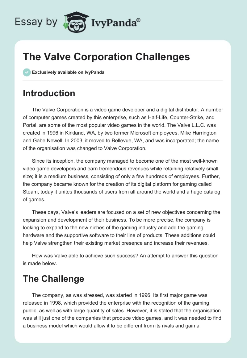 The Valve Corporation Challenges. Page 1
