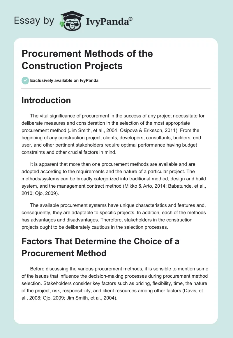 Procurement Methods of the Construction Projects. Page 1