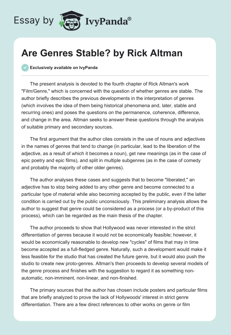 "Are Genres Stable?" by Rick Altman. Page 1