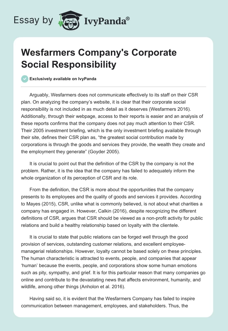 Wesfarmers Company's Corporate Social Responsibility. Page 1