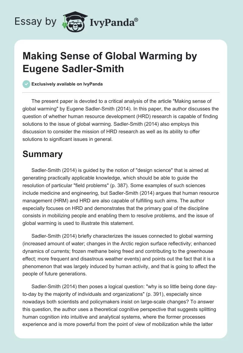 "Making Sense of Global Warming" by Eugene Sadler-Smith. Page 1
