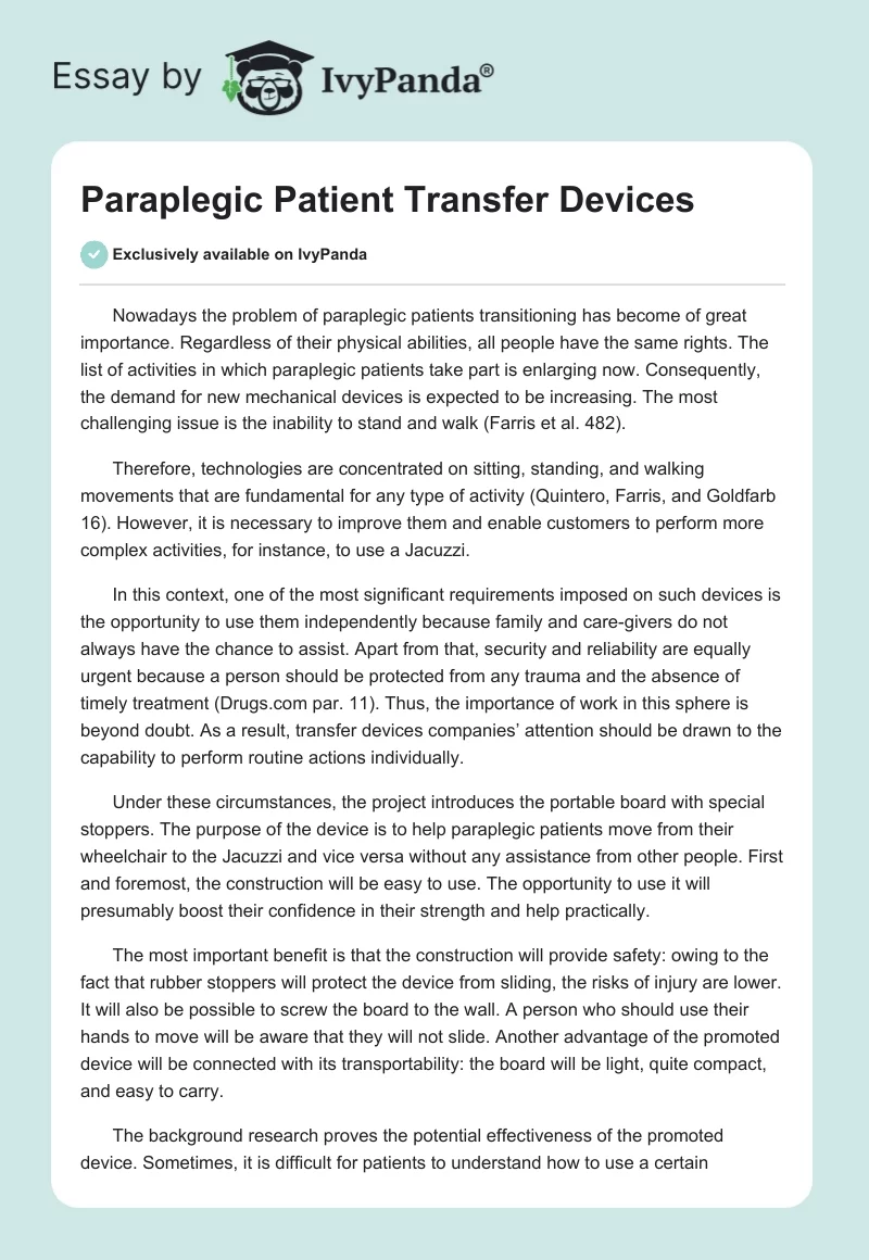 Paraplegic Patient Transfer Devices. Page 1