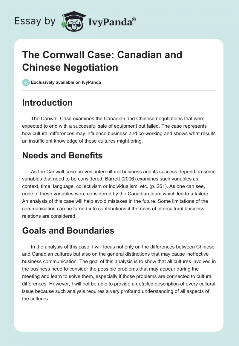 The Cornwall Case: Canadian and Chinese Negotiation. Page 1