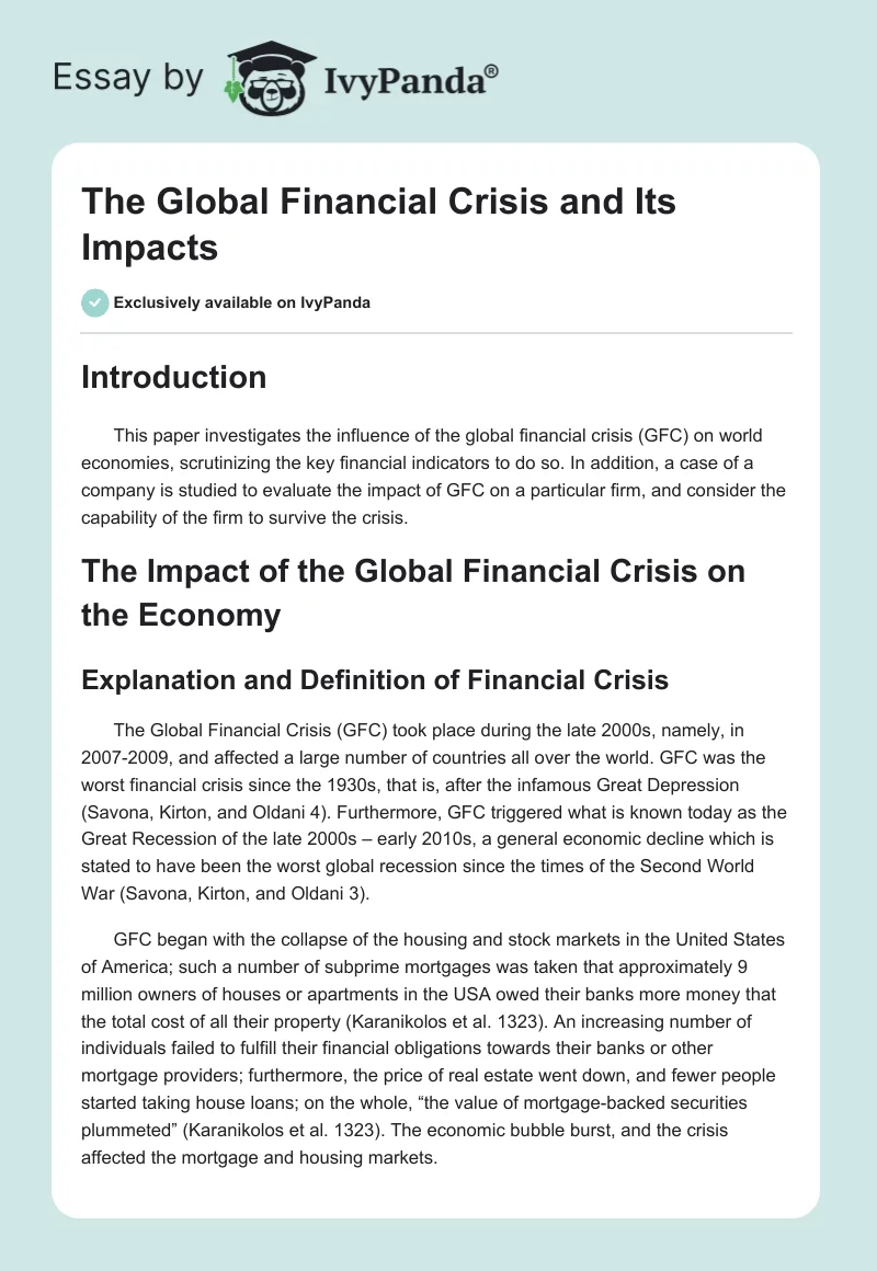The Global Financial Crisis and Its Impacts. Page 1