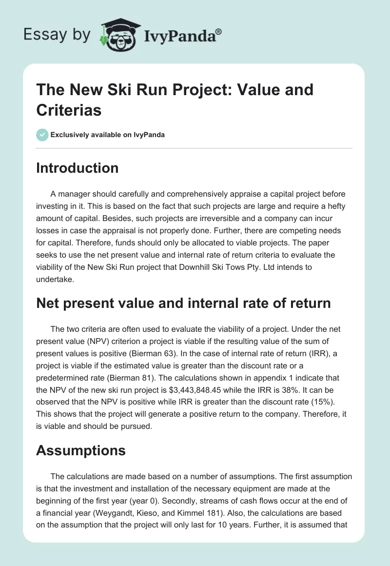 The New Ski Run Project: Value and Criterias. Page 1