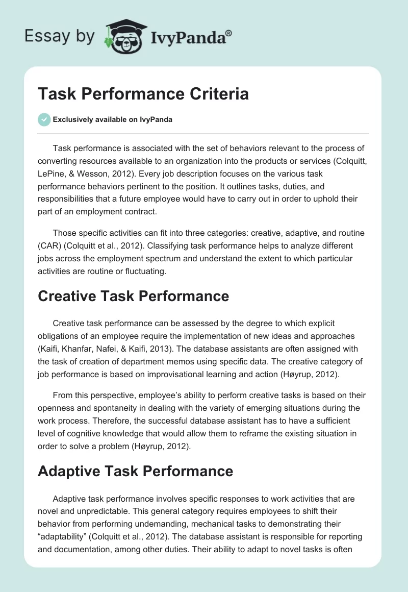 Task Performance Criteria. Page 1