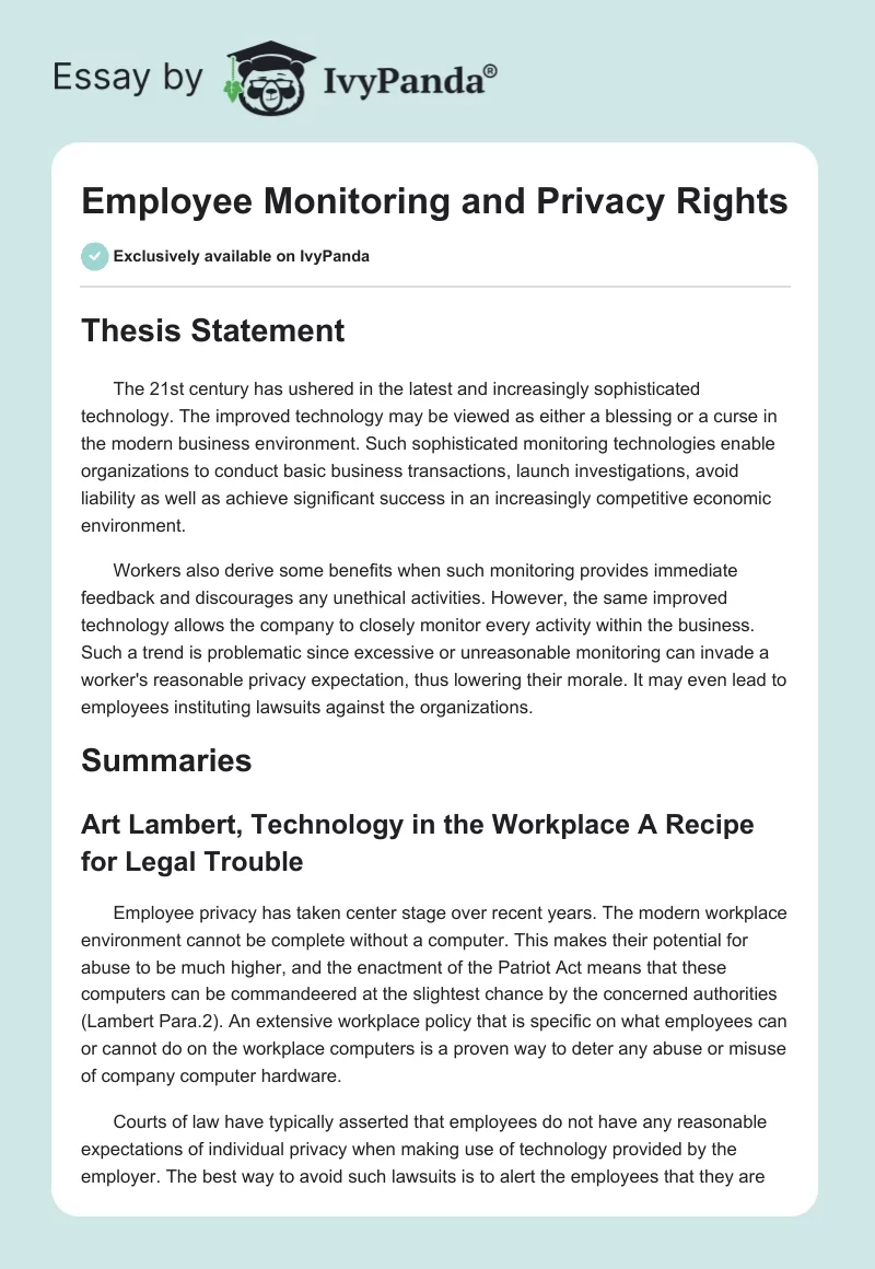 Employee Monitoring and Privacy Rights. Page 1