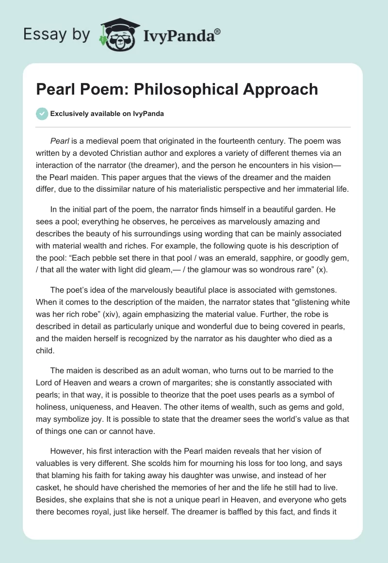 "Pearl" Poem: Philosophical Approach. Page 1