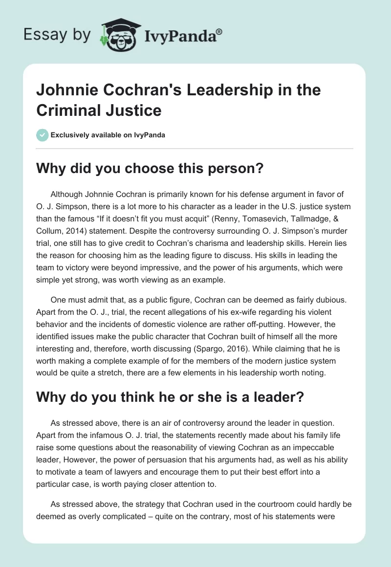 Johnnie Cochran's Leadership in the Criminal Justice. Page 1