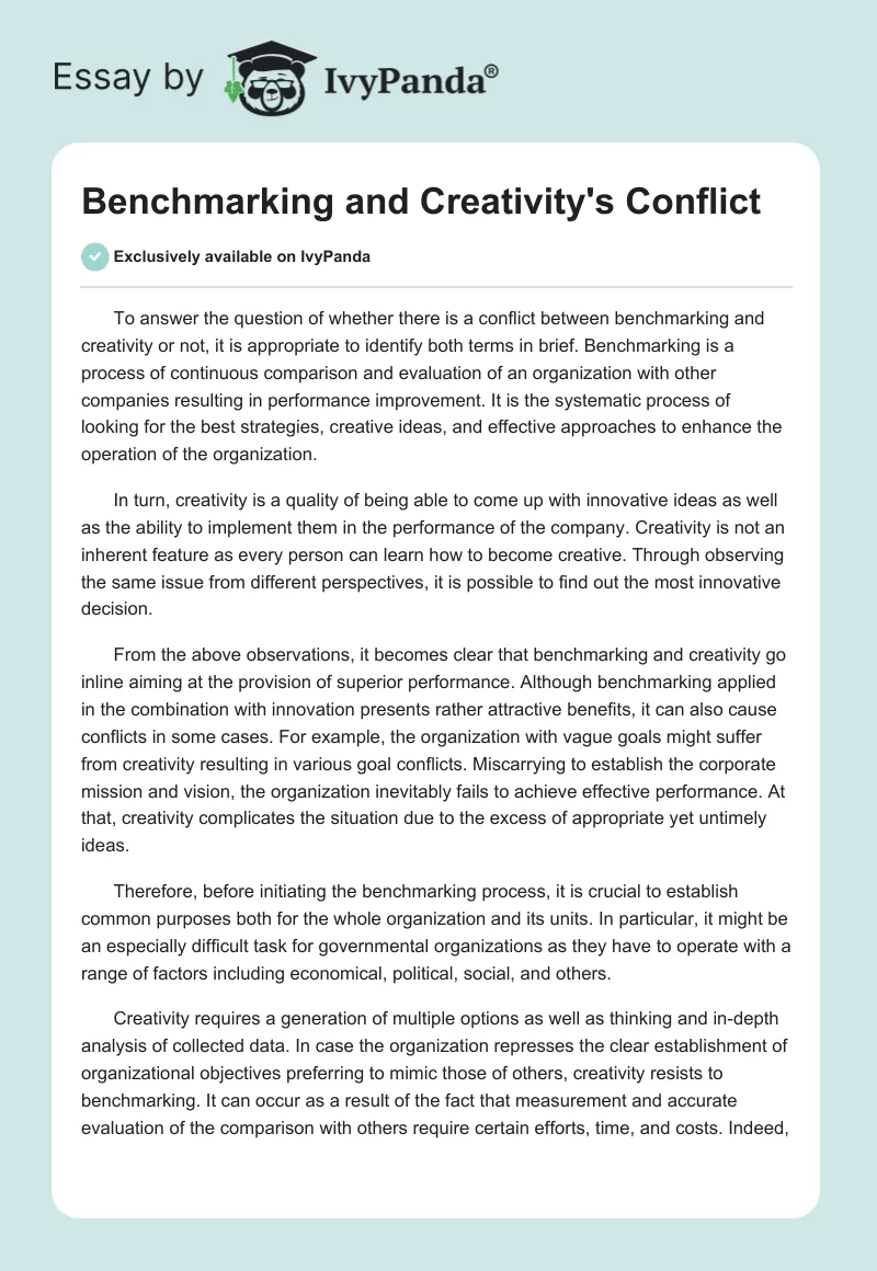 Benchmarking and Creativity's Conflict. Page 1