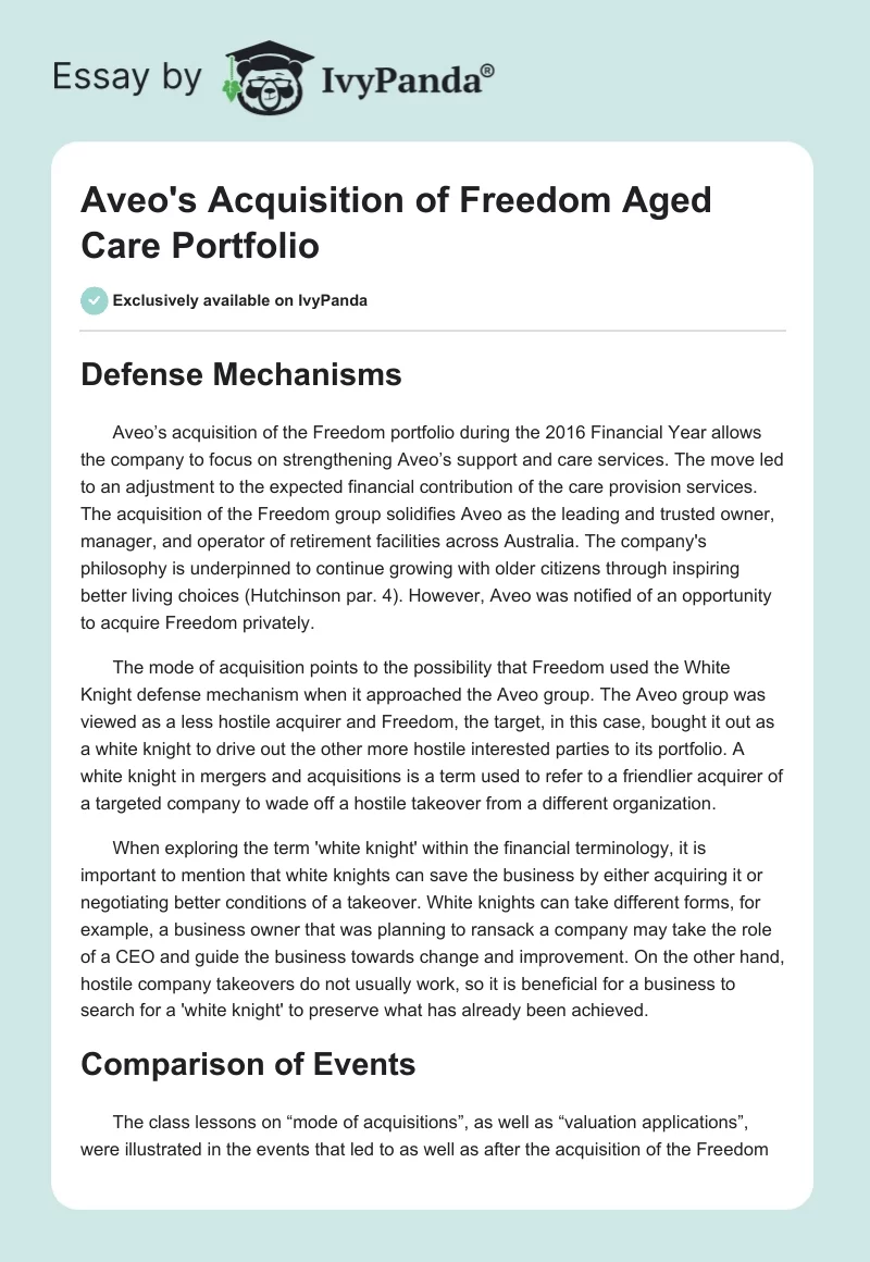 Aveo's Acquisition of Freedom Aged Care Portfolio. Page 1