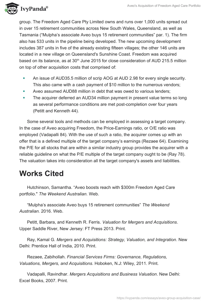 Aveo's Acquisition of Freedom Aged Care Portfolio. Page 2